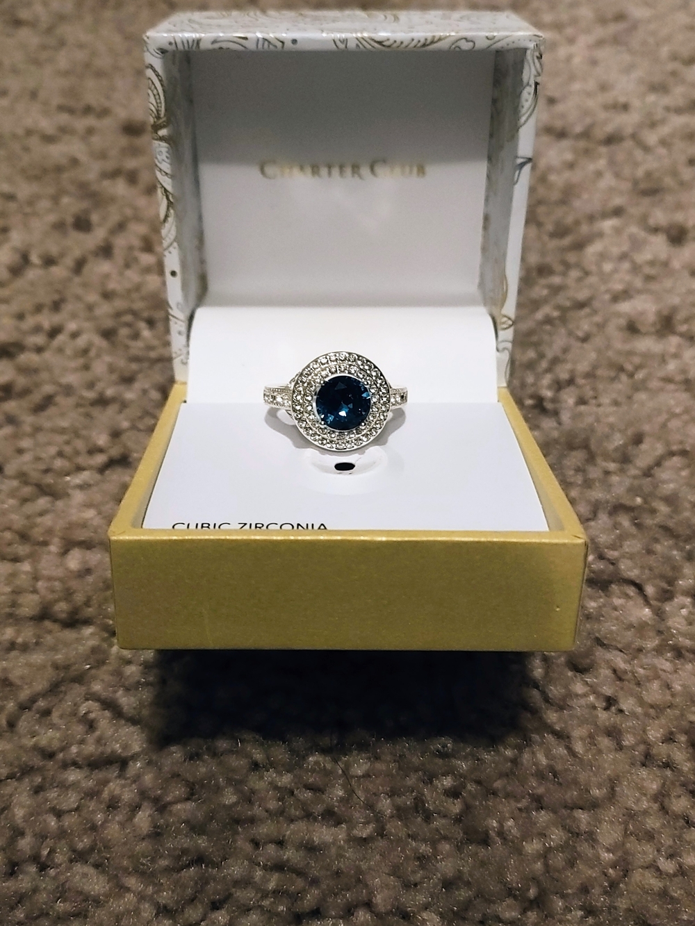 Charter Club Silver Ring with Deep Blue Center Stone